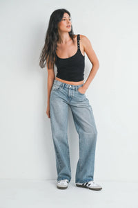 Low rise baggy slouchy denim jean with light-wash wide-leg and frayed hems