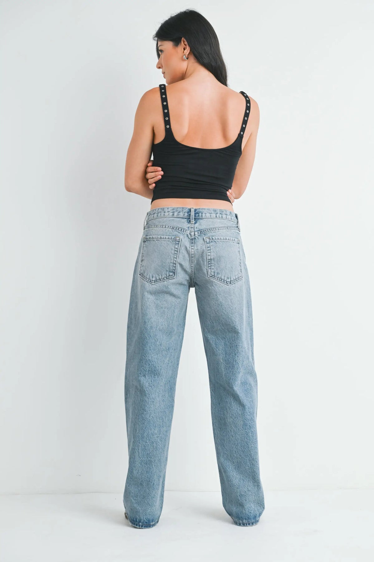 Low rise baggy slouchy denim jean back view with wide-leg cut
