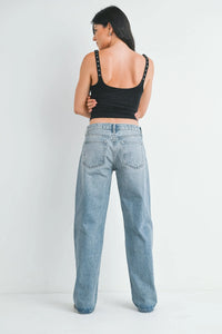 Low rise baggy slouchy denim jean back view with wide-leg cut