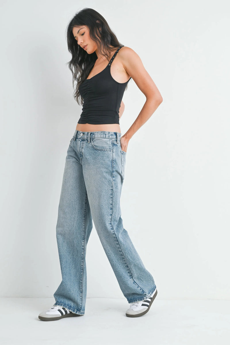 Low rise baggy slouchy denim jean with wide-leg flare and frayed hems