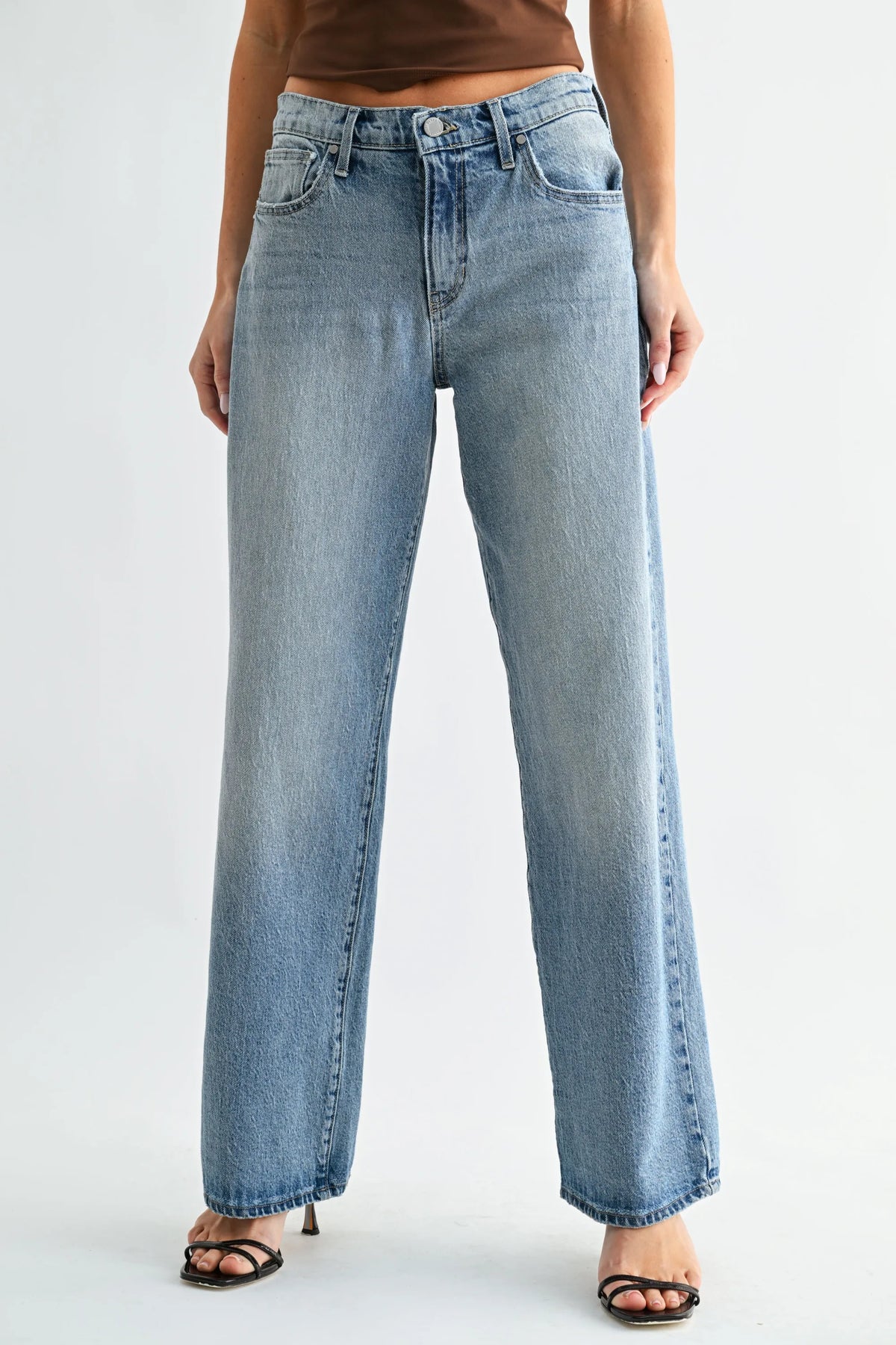 Mid rise lightweight light-wash denim jeans with relaxed straight leg and classic five-pocket design