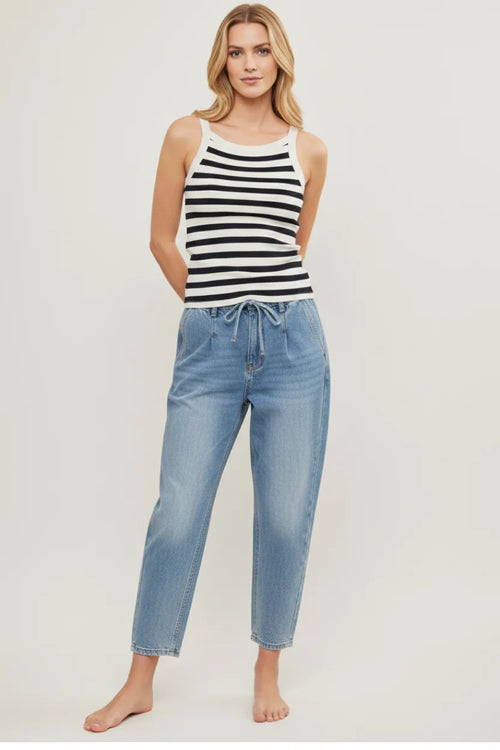 Light-wash denim jeans with drawstring waistband in Supply Rachel tank