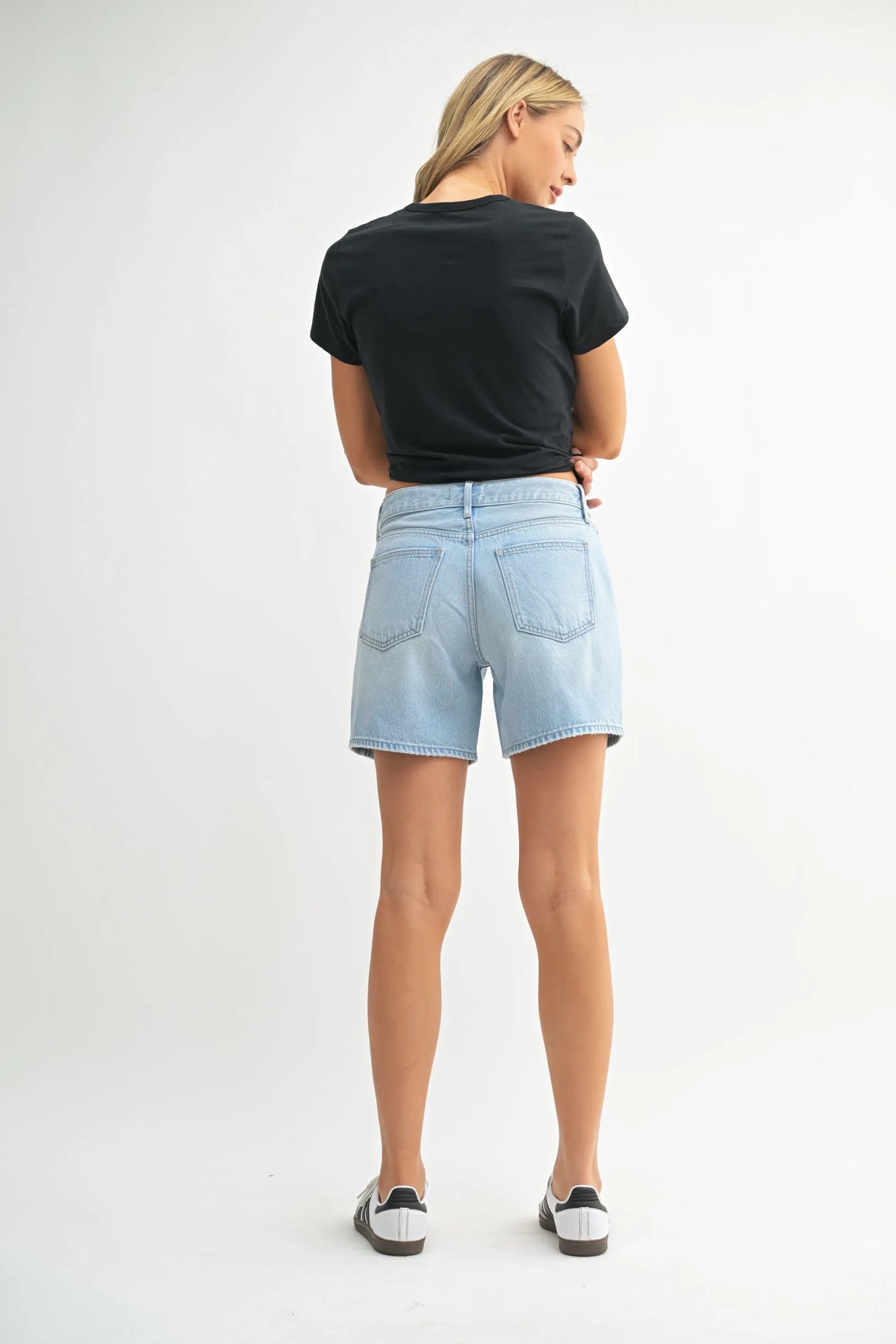 High rise lightweight tie waist denim shorts back view