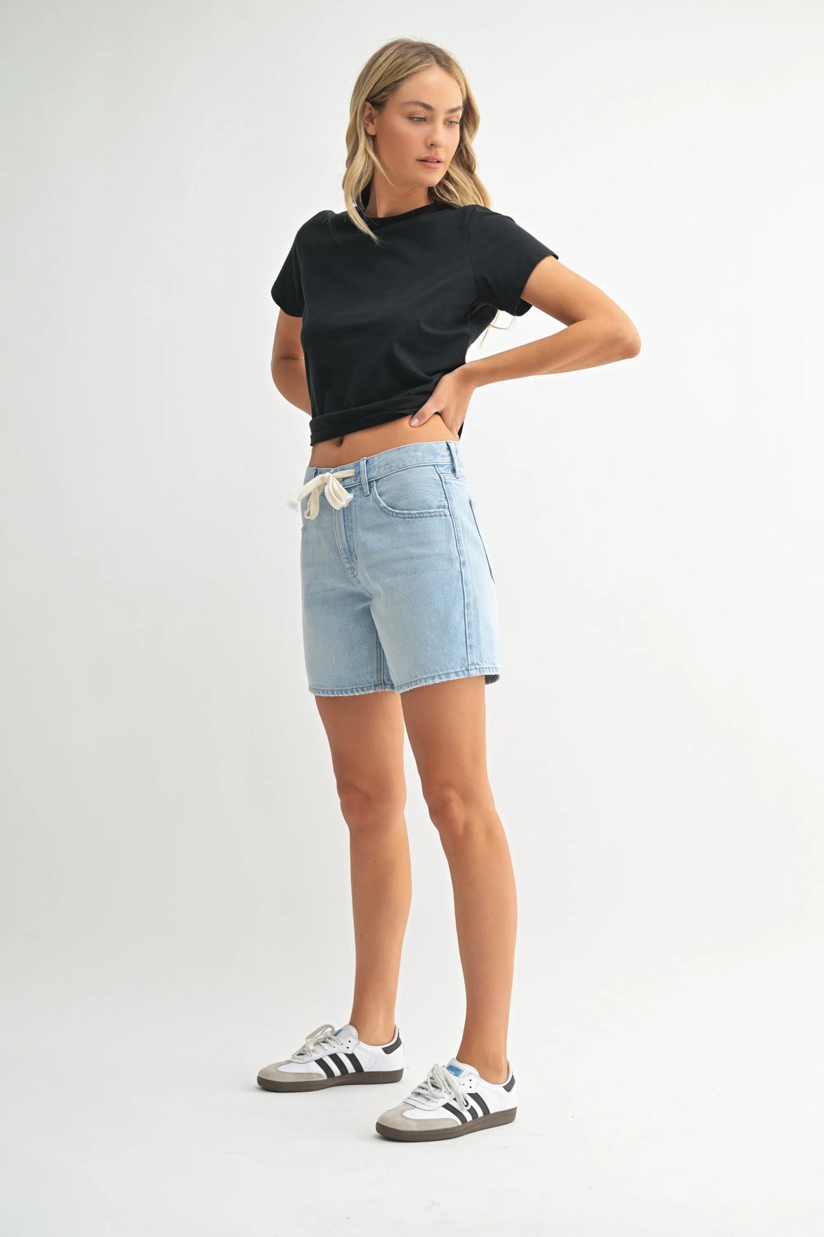 High rise lightweight tie waist denim shorts in light-wash