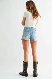 High rise stretch light-wash denim shorts with frayed hem
