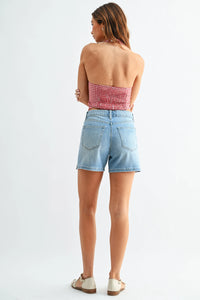 Mid rise walking denim shorts with high-rise waistband and five-pocket design