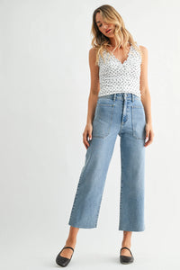 Nautical high rise wide leg denim jeans in light wash with cropped length high waist and front pockets