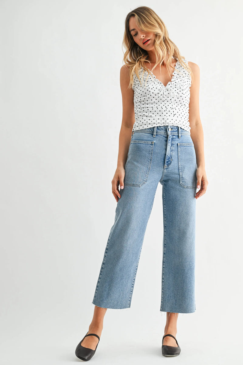 Nautical high rise wide leg denim jeans in light wash with cropped length high waist and front pockets