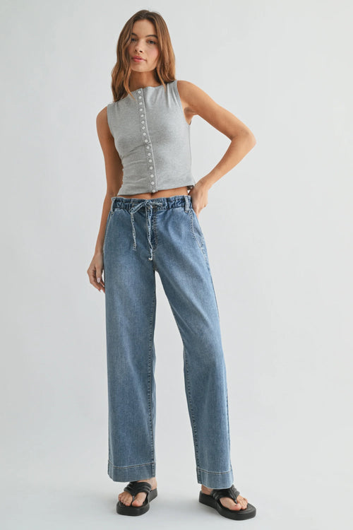 Light-wash wide leg denim pants with drawstring waistband