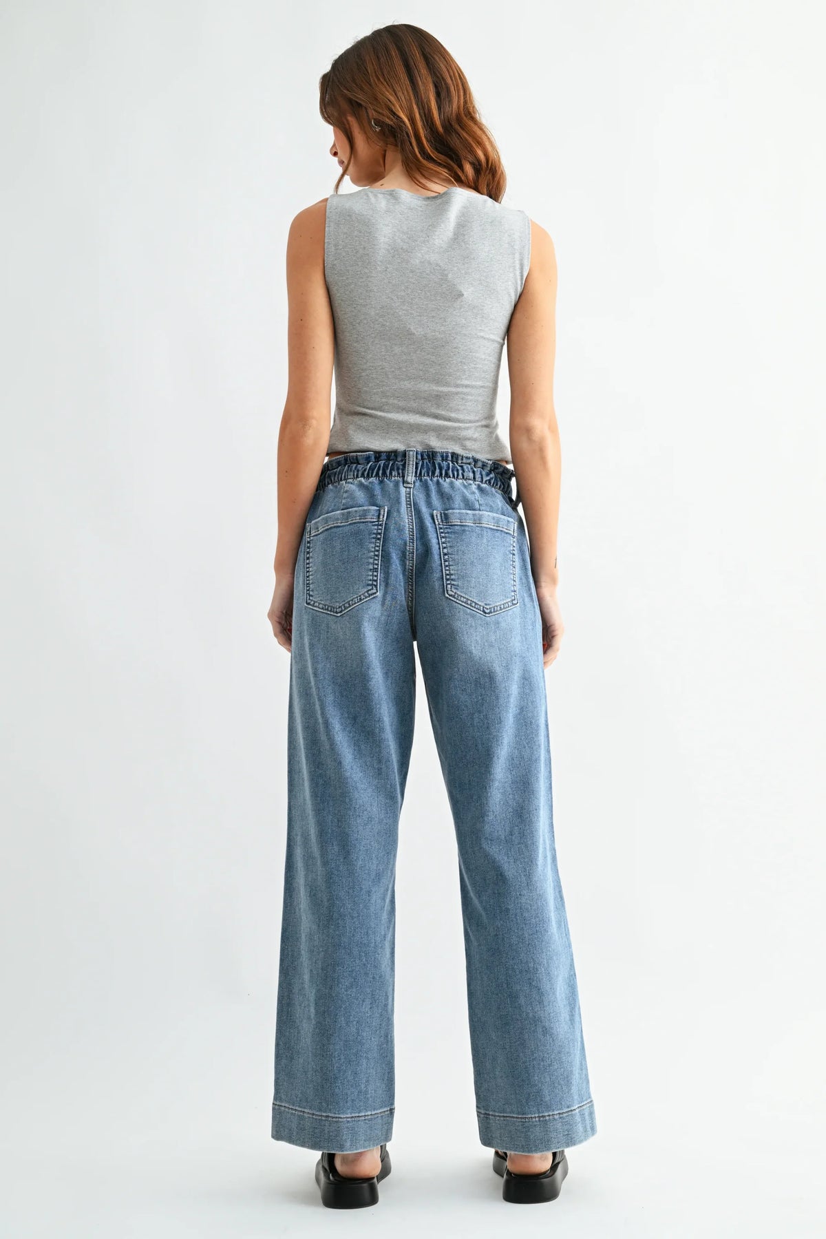 Light-wash drawstring wide leg denim pants with elastic waistband