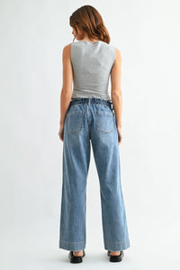 Light-wash drawstring wide leg denim pants with elastic waistband