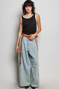 Light-wash relaxed fit pointed denim wide-leg pants with embroidered side panels and braided brown belt for women’s boho chic clothing