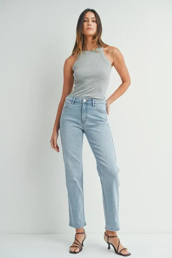 Light wash high waist straight leg denim jeans with classic fit from Lily Light Stretch collection