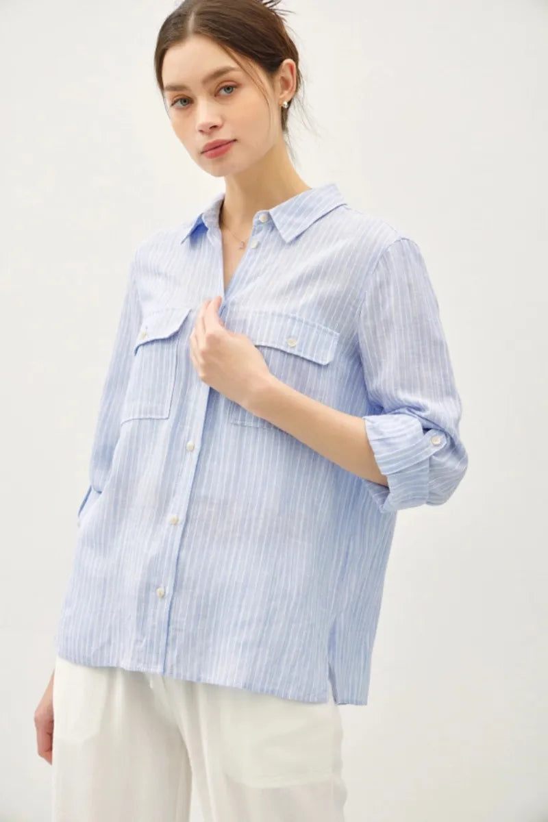 Linen blend striped button up shirt in light blue and white with vertical stripes and buttoned chest pockets
