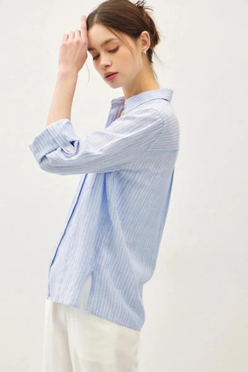 LINEN BLEND STRIPED BUTTON UP SHIRT