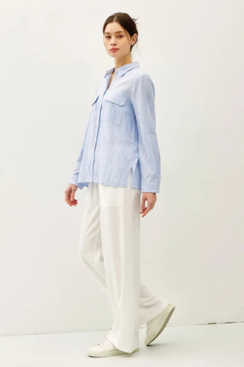 LINEN BLEND STRIPED BUTTON UP SHIRT