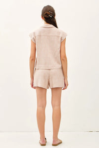 LINEN BLEND STRIPED V NECK BUTTON UP TOP