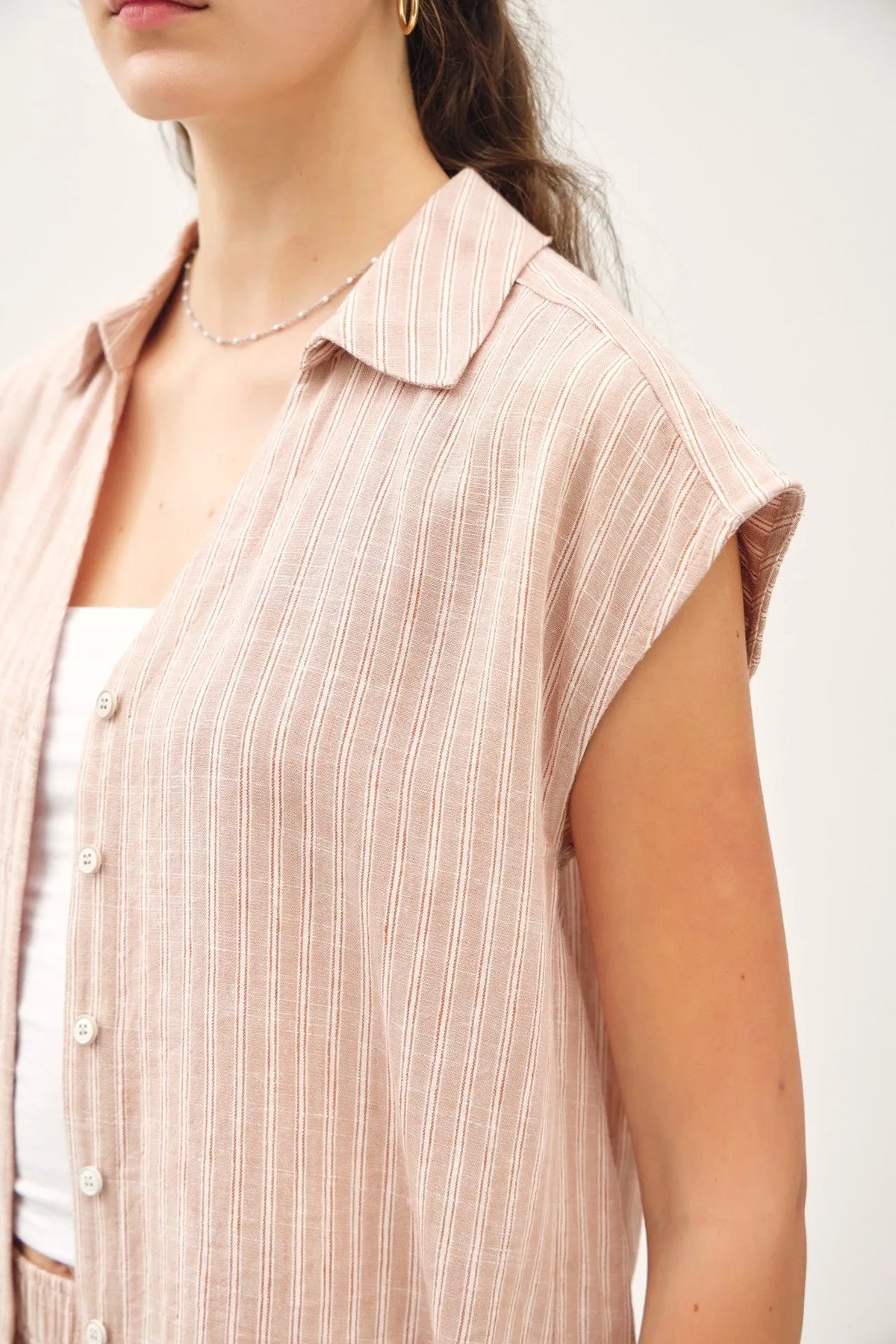 LINEN BLEND STRIPED V NECK BUTTON UP TOP