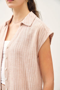 LINEN BLEND STRIPED V NECK BUTTON UP TOP