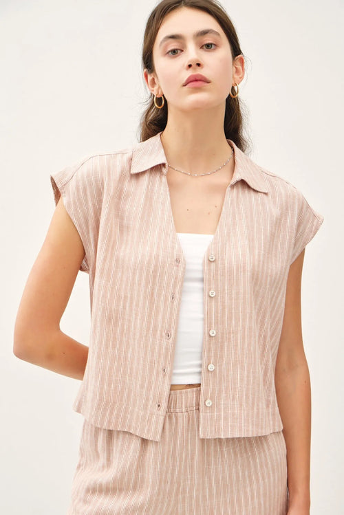 LINEN BLEND STRIPED V NECK BUTTON UP TOP