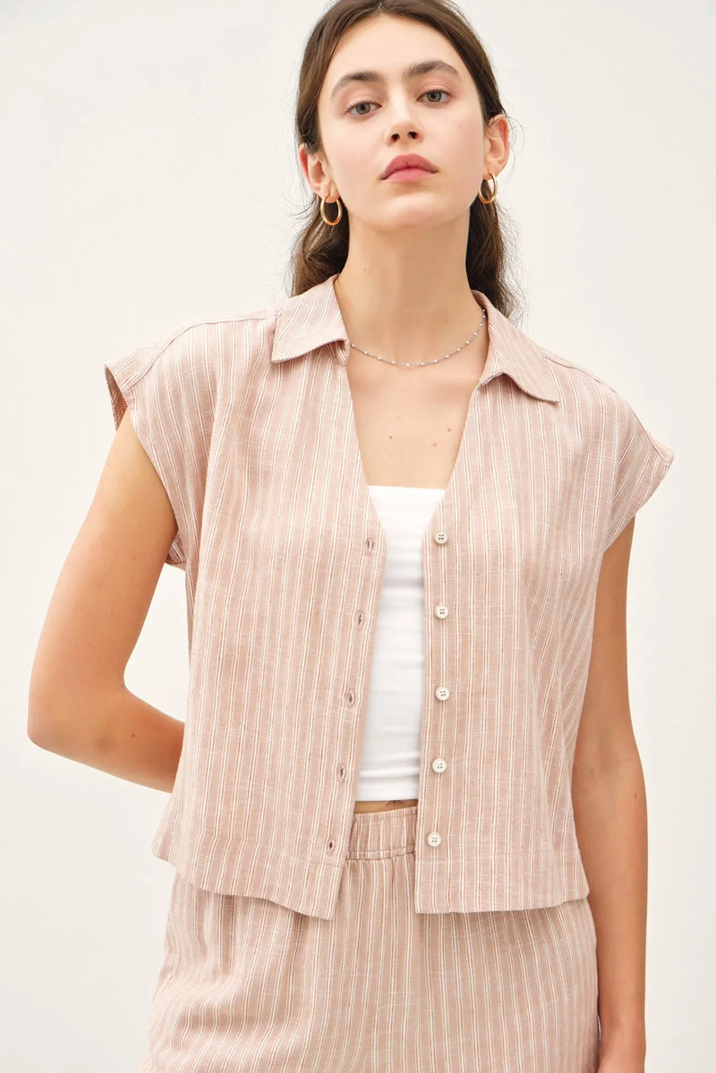LINEN BLEND STRIPED V NECK BUTTON UP TOP