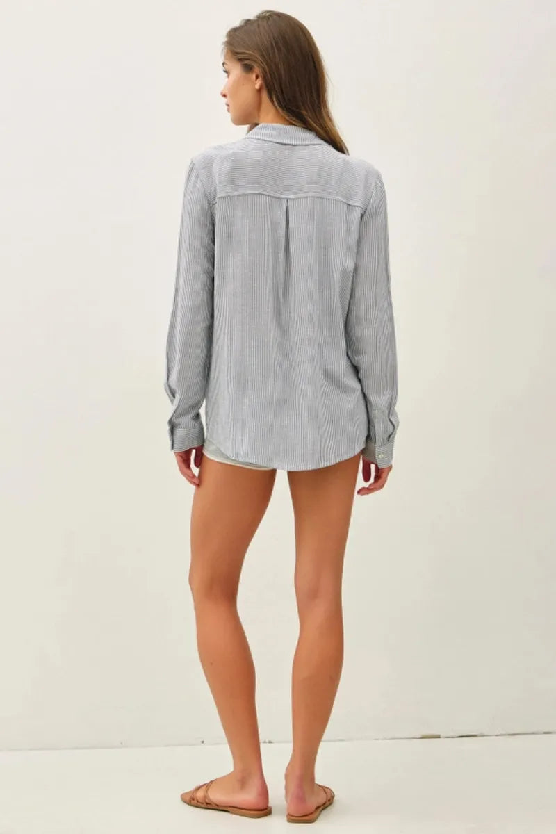 LINEN BLENDED STRIPE BOXY SHIRT DENIM
