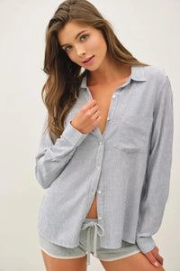 LINEN BLENDED STRIPE BOXY SHIRT DENIM