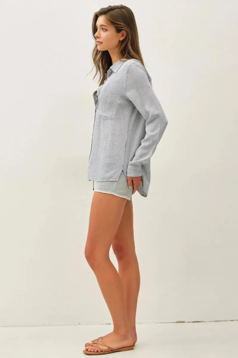 LINEN BLENDED STRIPE BOXY SHIRT DENIM
