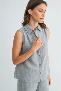 LINEN BUTTON DOWN SLEEVELESS SHIRT