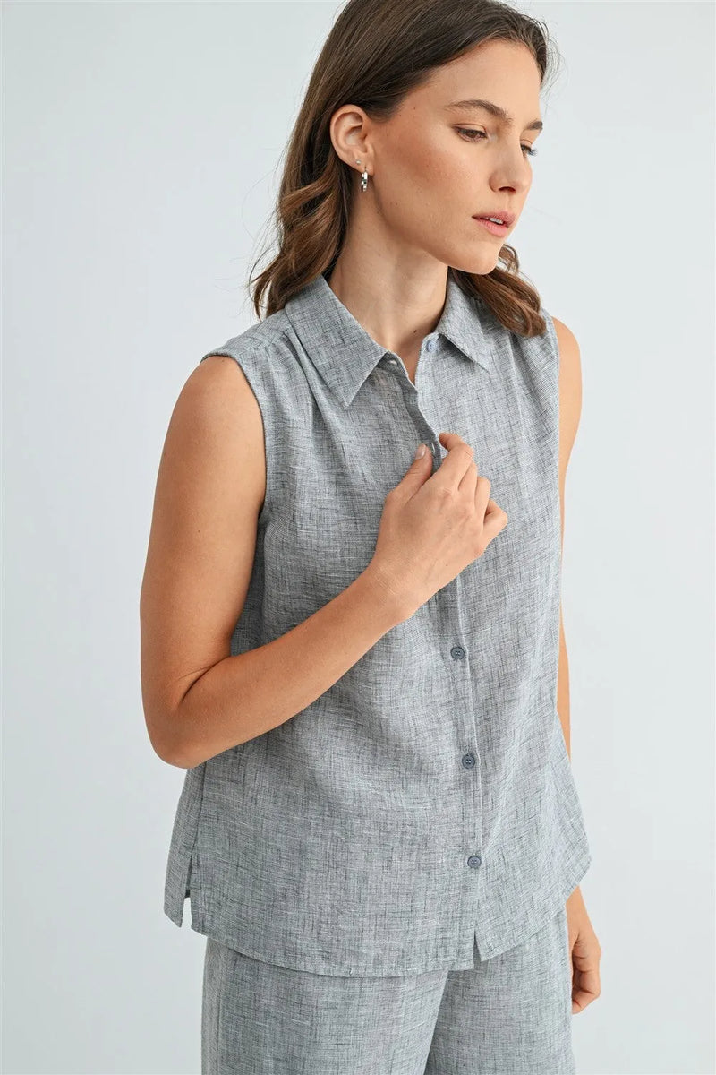 LINEN BUTTON DOWN SLEEVELESS SHIRT
