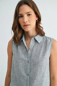 LINEN BUTTON DOWN SLEEVELESS SHIRT