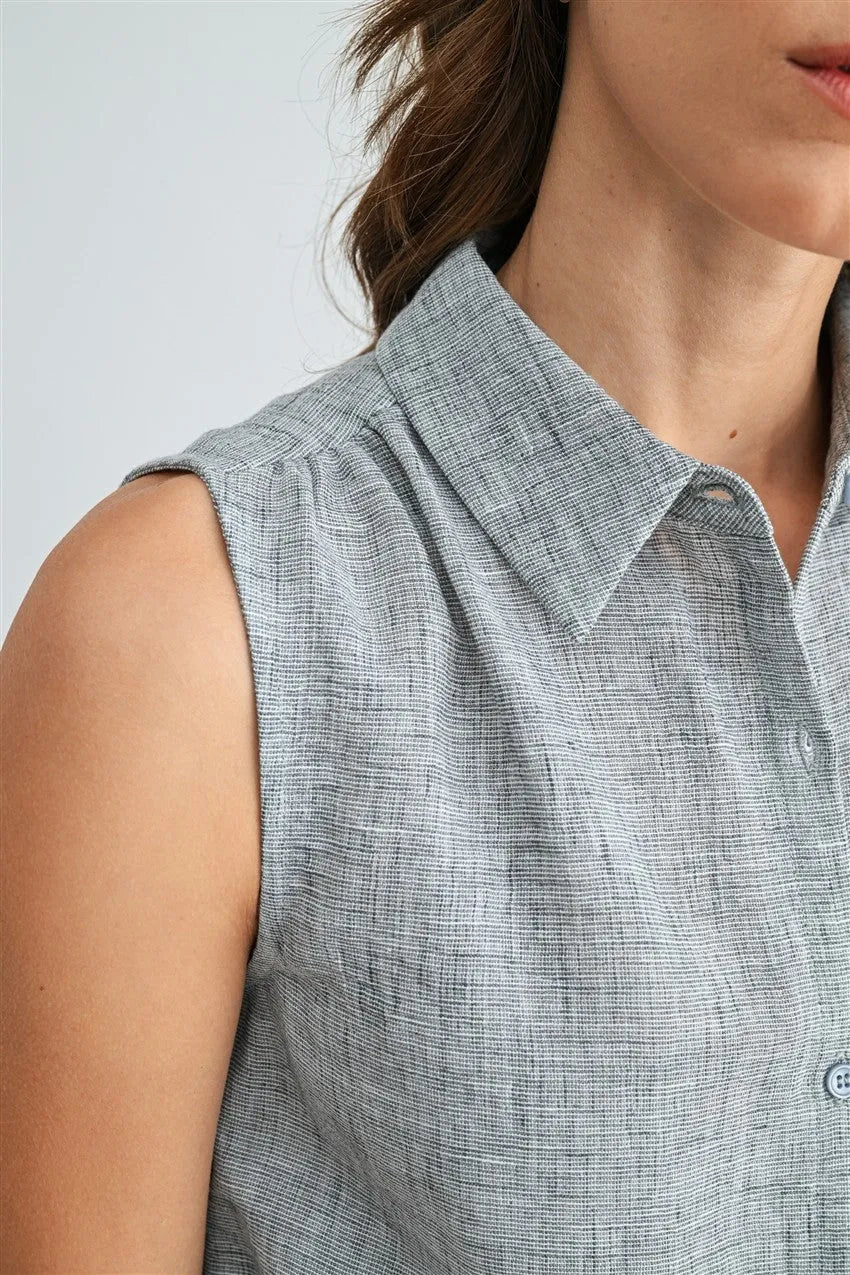 LINEN BUTTON DOWN SLEEVELESS SHIRT