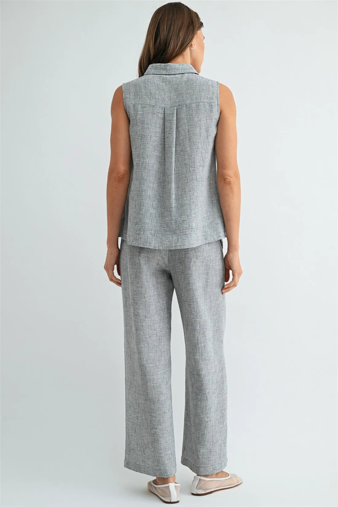LINEN BUTTON DOWN SLEEVELESS SHIRT