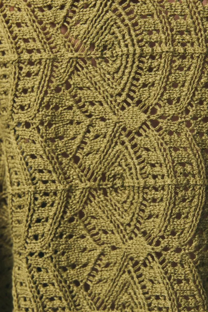 Olive green long sleeve crochet light cardigan with intricate geometric and floral lace patterns in sleeve crochet cardigan style