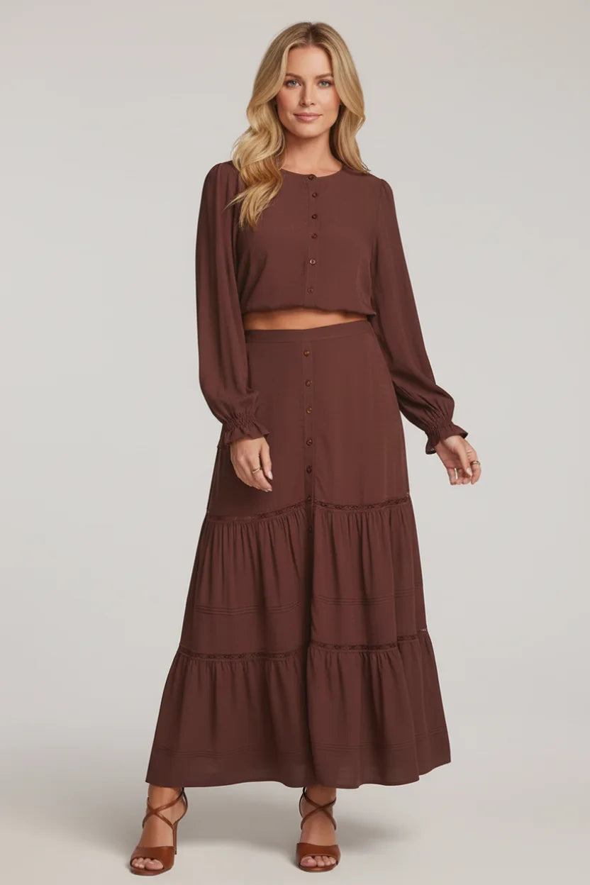 Jaycee midi skirt in brown with ruffled crop top and buttons