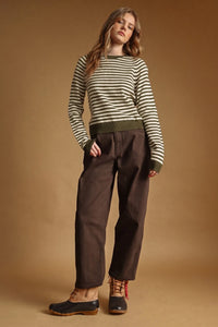 Striped round neck sweater with olive green and off-white horizontal stripes, ribbed crew neckline and cuffs
