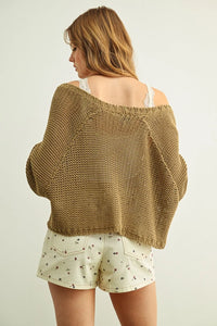 A loose olive green long sleeve cropped cardigan knitted with textured pattern and frayed hem