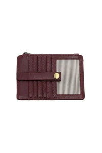A maroon leather penny mini travel wallet with gold-tone snap closure and vertical card slots for organized storage