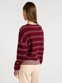 Maroon and white knit thread and supply ely sweater with horizontal stripes and ribbed cuffs and hem