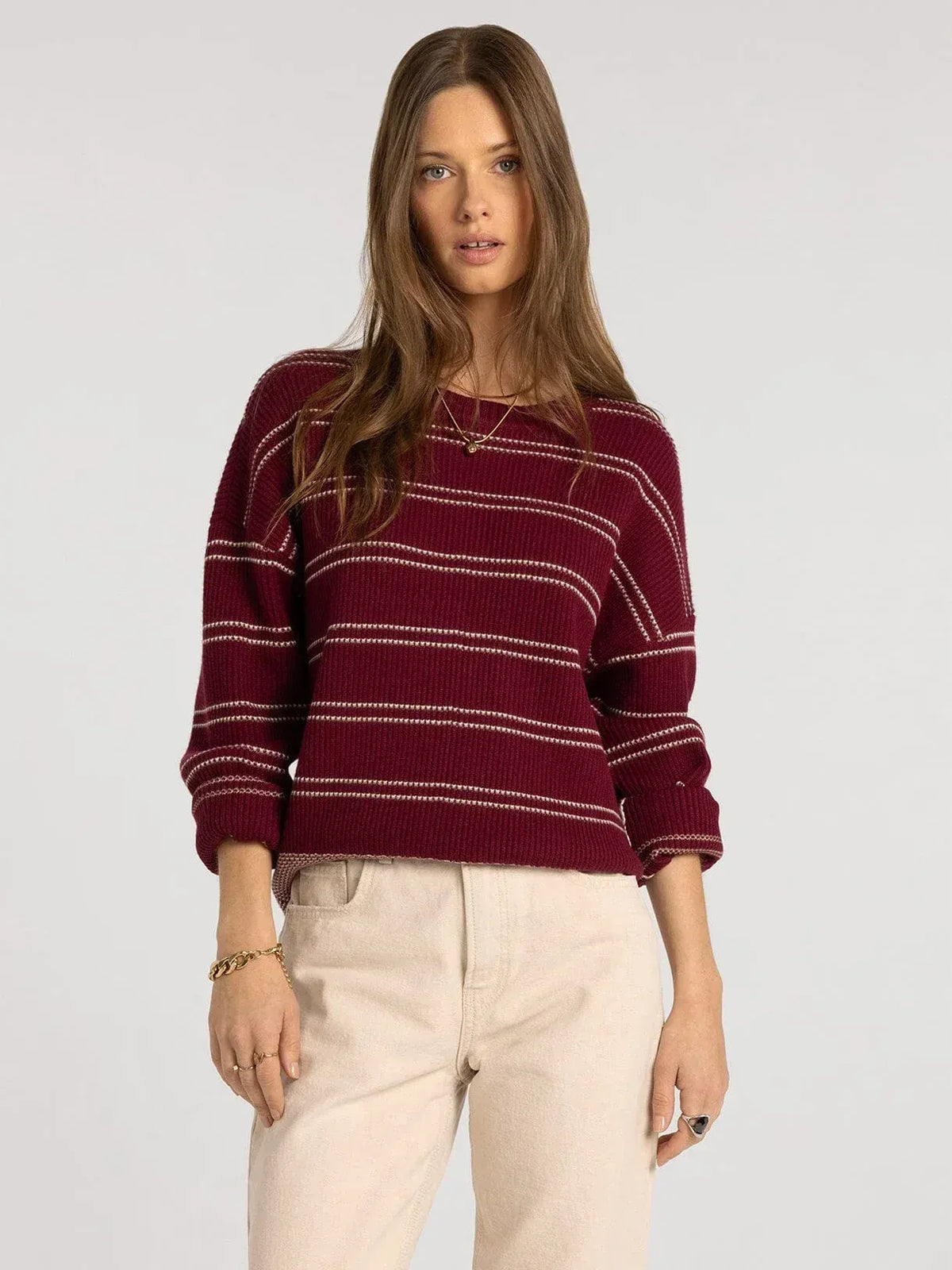 Maroon and white striped knit ely sweater with ribbed cuffs and hem by THREAD & SUPPLY for casual wear