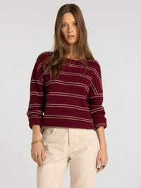 Maroon and white striped knit ely sweater with ribbed cuffs and hem by THREAD & SUPPLY for casual wear