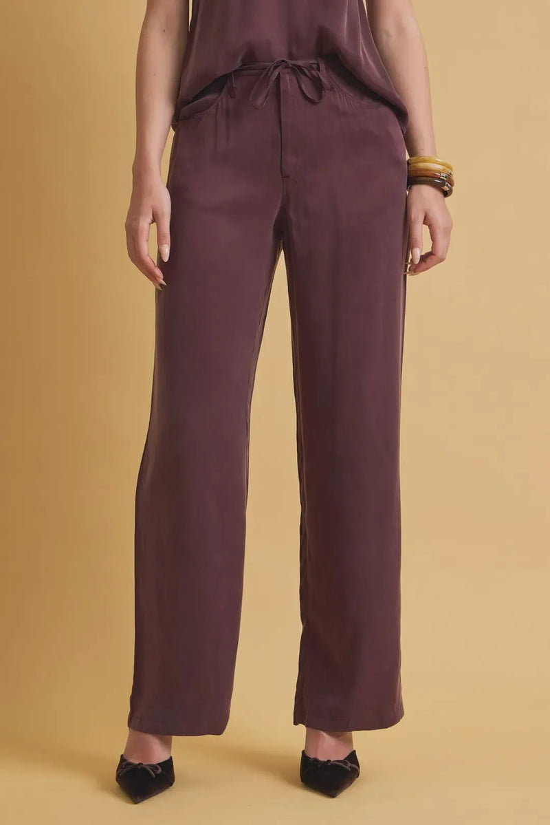 Mauve satin air-washed loose fit wide leg pants with a drawstring waistband for comfortable wide leg wear