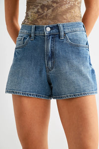 Mid rise pocket denim short with back pocket view in medium-wash blue