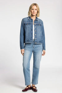 Medium-wash denim jacket with embroidered trim and matching jeans