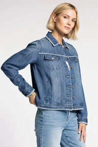 Medium-wash denim jacket with embroidered trim, women’s boho chic clothing