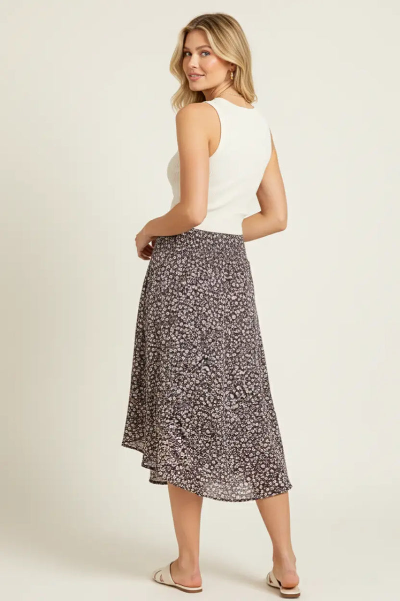 Floral print waist smocked midi skirt in gray with pink floral patterns
