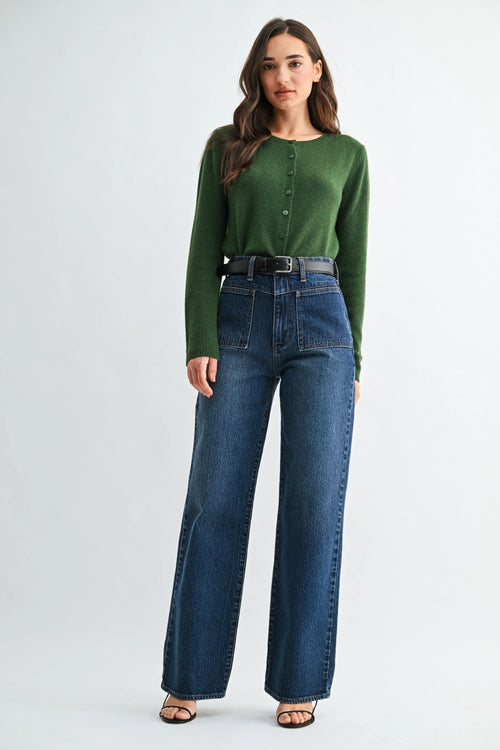 Dark blue mid rise square patch wide-leg denim jeans with a high waist and front pockets