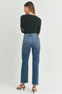 Mid-wash blue high-waisted full length straight denim jean with classic back pockets showing back side view