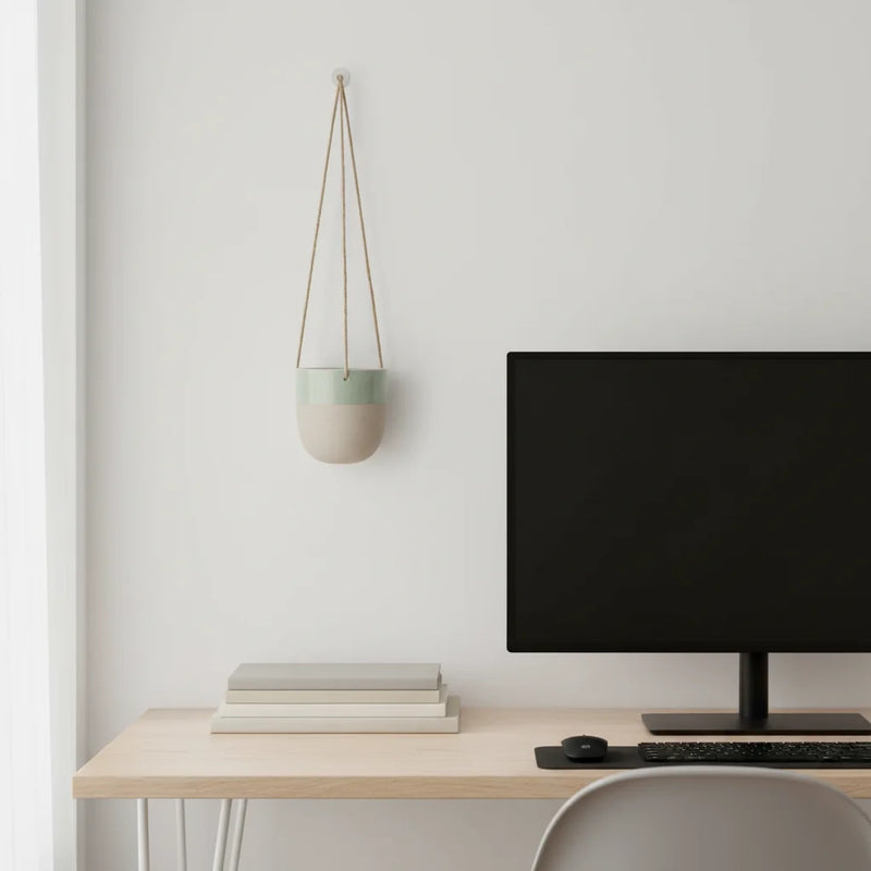 Boho sage green glazed ceramic hanging planter in small size