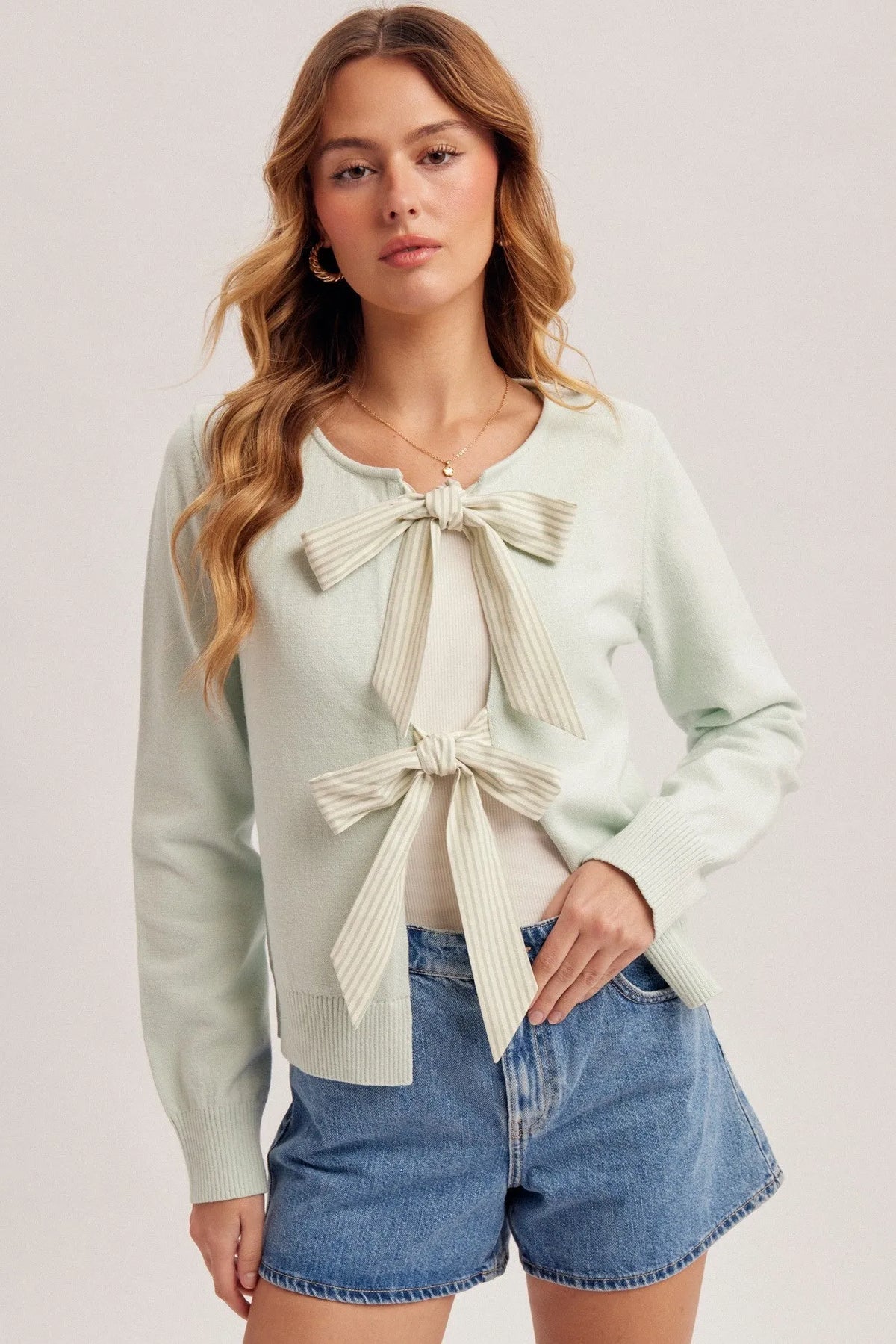 Mint green knit Striped Ribbon Bow Contrast Cardigan with large bow